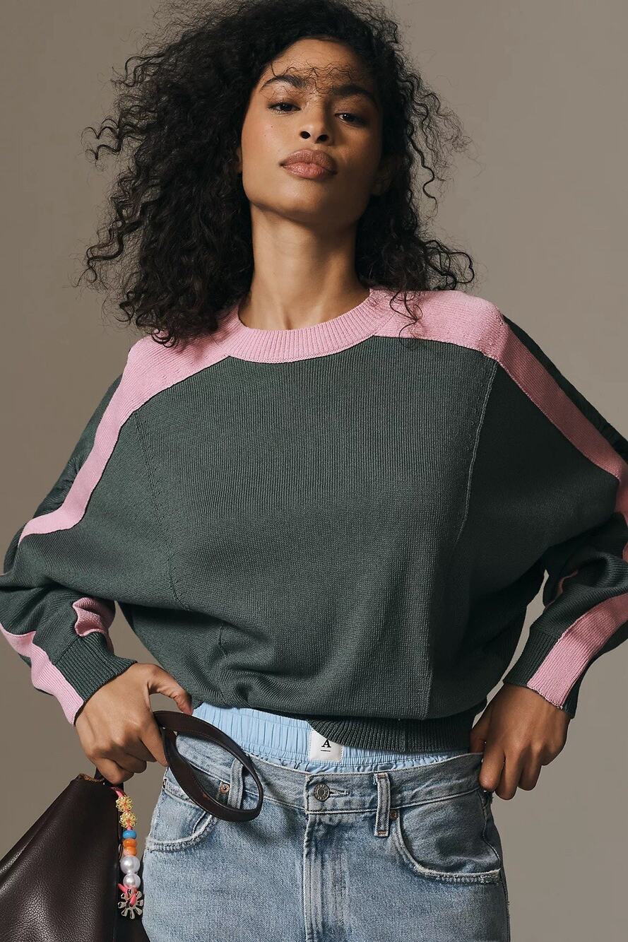 Anthropologie Maeve Women Large Dolman Sleeve Color-Blocked Sweater Green Pink